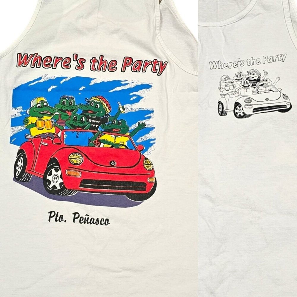 VTG 90s Penasco Mexico Vacation Party Tank Funny Alligator Graphic Beer Drinking